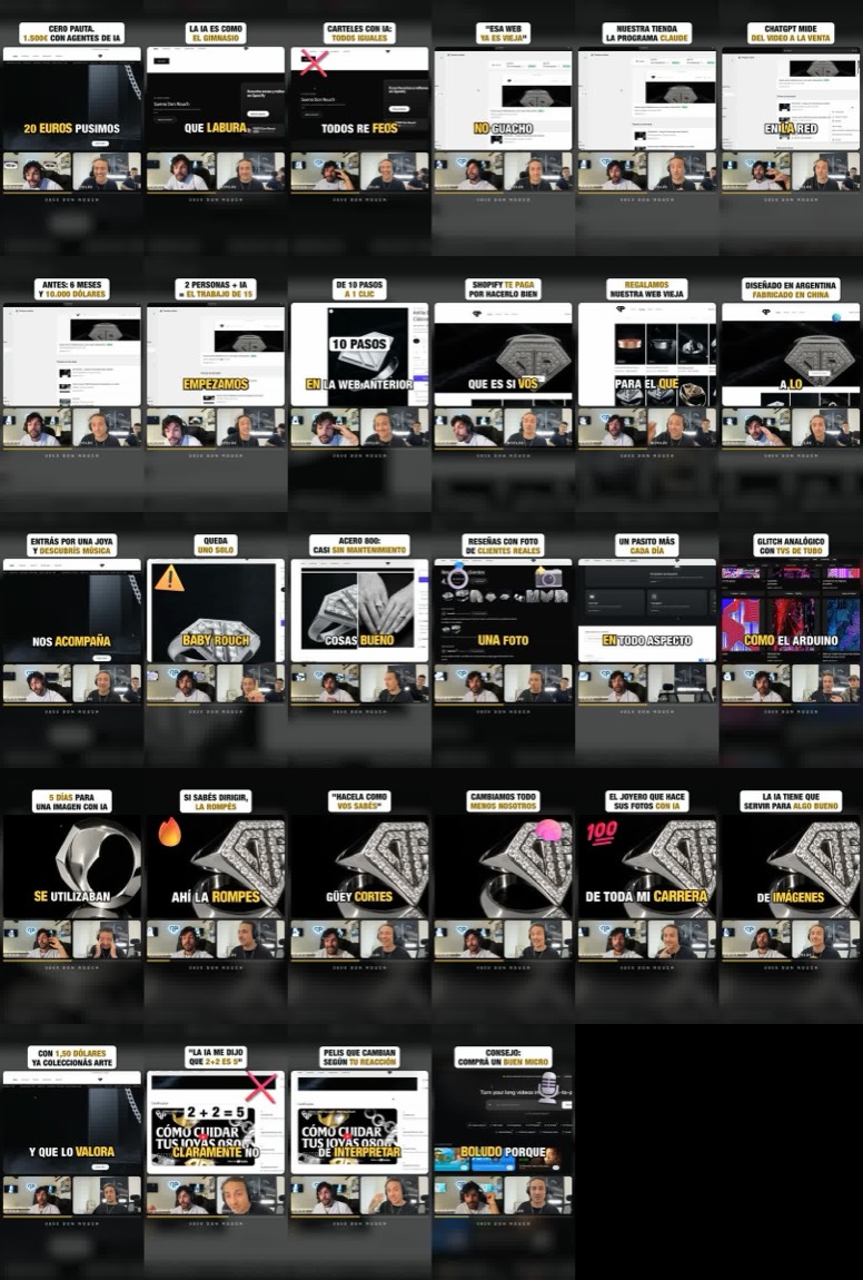 Hoja de contactos con los 28 clips verticales generados, cada uno con su título