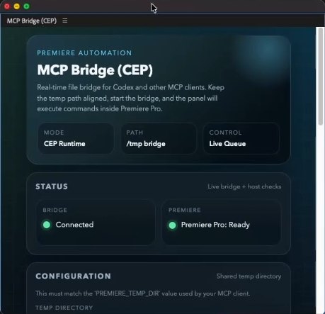 MCP Bridge (CEP) panel inside Premiere Pro: Bridge “Connected” and “Premiere Pro: Ready”