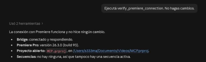 Claude’s reply to verify_premiere_connection: bridge connected, Premiere Pro 26.3.0 and the MCP.prproj project open