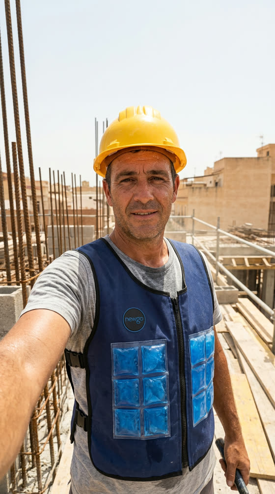 Foto UGC: trabajador de obra con el chaleco de hielo puesto