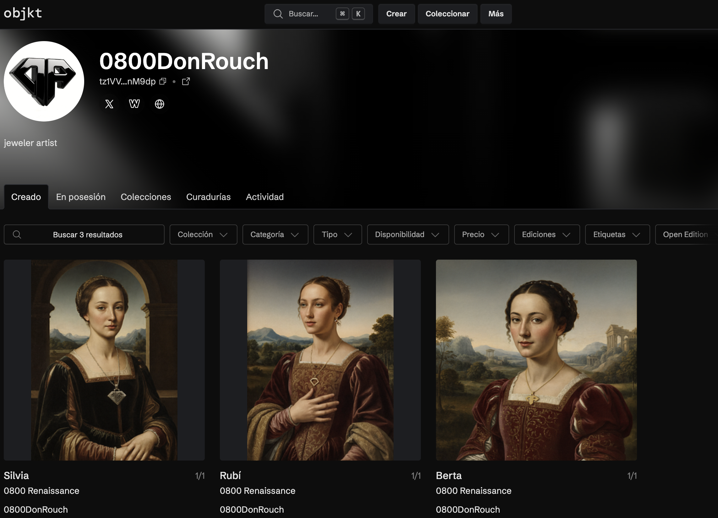 Colección 0800 Renaissance en objkt sobre Tezos